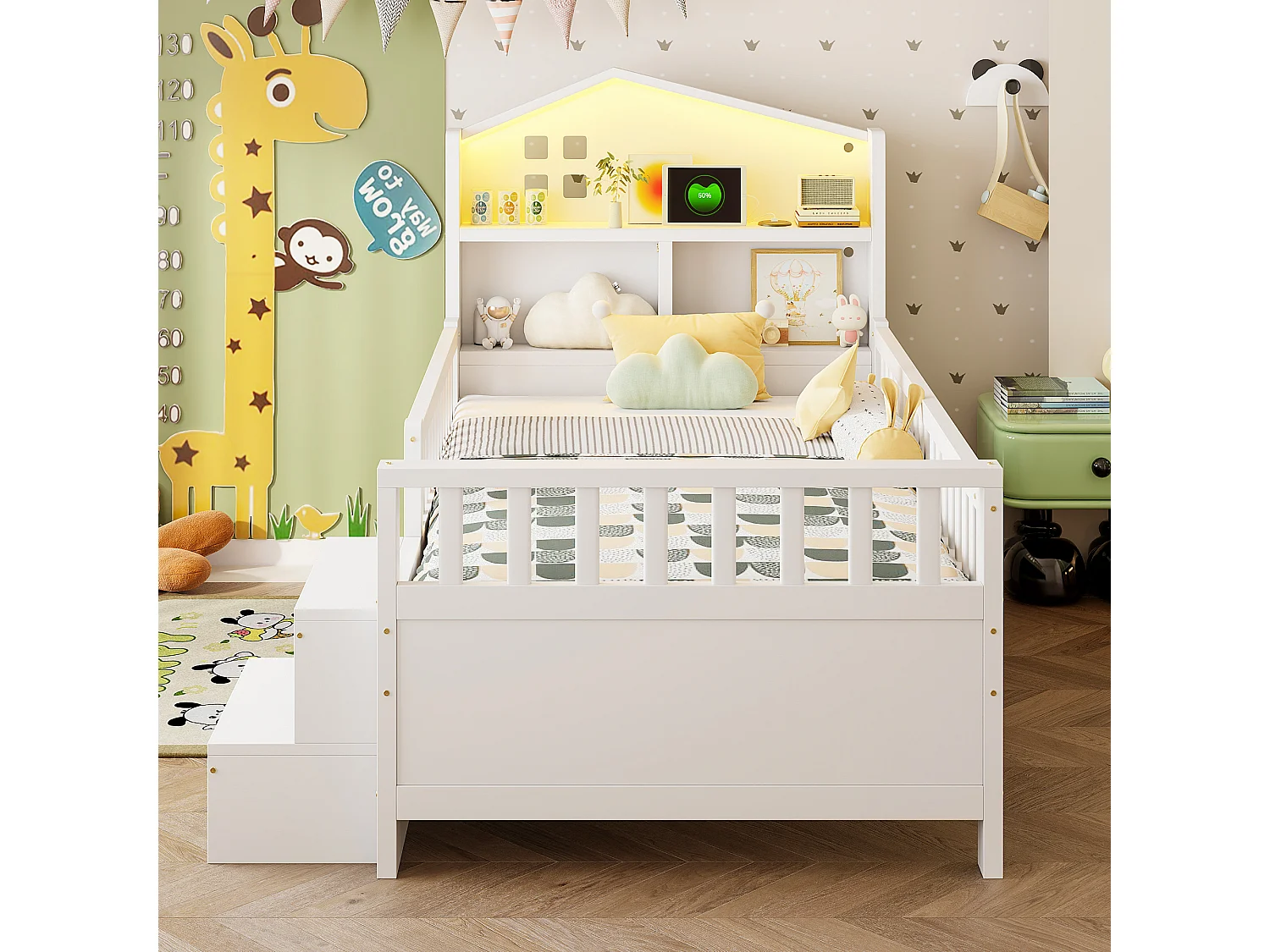 Lit enfant 90 x 200 cm - avec barrière de sécurité + 4 tiroirs + Leds + USB et Type-C - bois - blanc