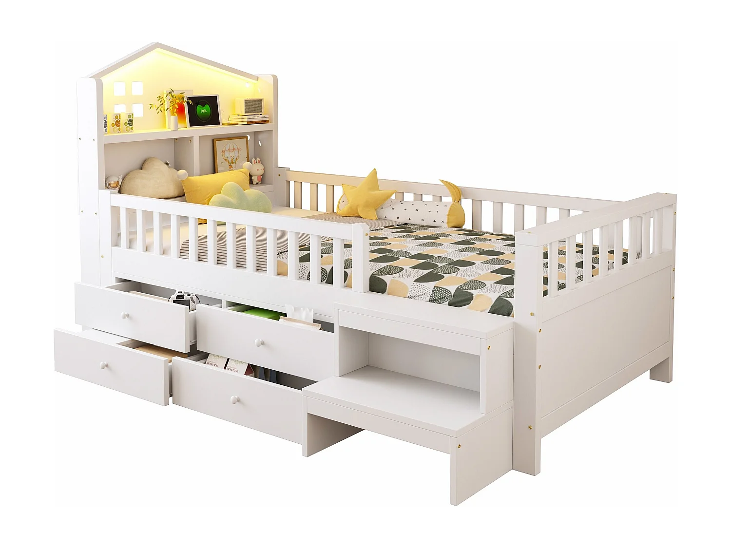Lit enfant 90 x 200 cm - avec barrière de sécurité + 4 tiroirs + Leds + USB et Type-C - bois - blanc