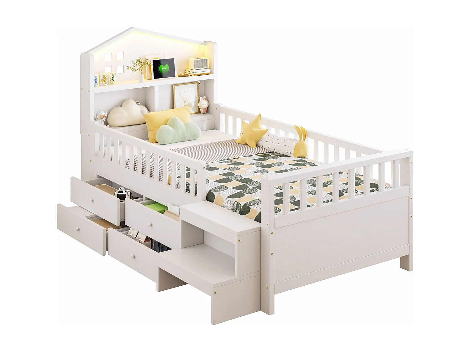 Lit enfant 90 x 200 cm - avec barrière de sécurité + 4 tiroirs + Leds + USB et Type-C - bois - blanc