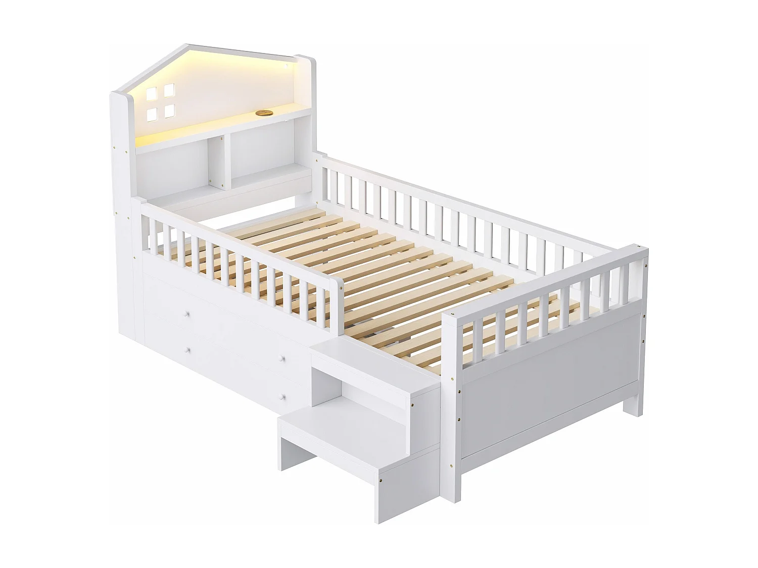 Lit enfant 90 x 200 cm - avec barrière de sécurité + 4 tiroirs + Leds + USB et Type-C - bois - blanc
