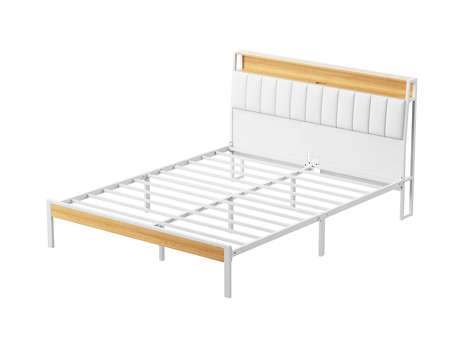 Cadre de lit 160 x 200 avec Base en métal, avec lumières LED et Prises Multiples (1 Prise AC, 2 Ports USB), lit Double en métal avec casiers, Moderne, Beige