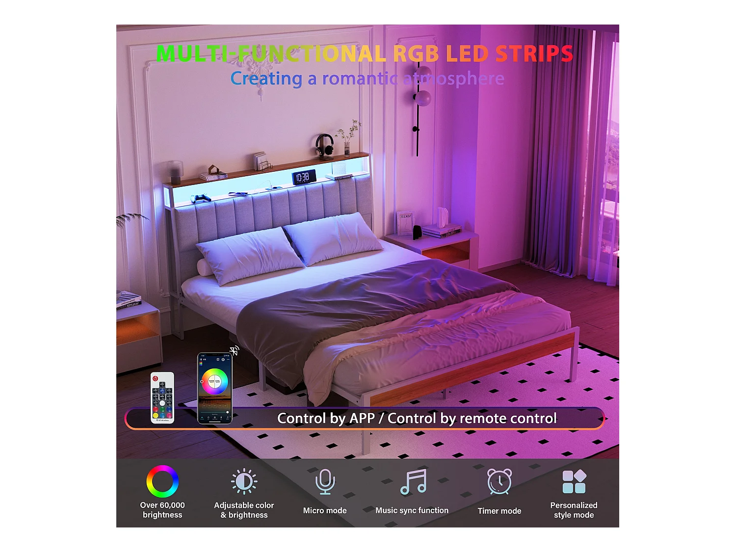 Cadre de lit 160 x 200 avec Base en métal, avec lumières LED et Prises Multiples (1 Prise AC, 2 Ports USB), lit Double en métal avec casiers, Moderne, Beige