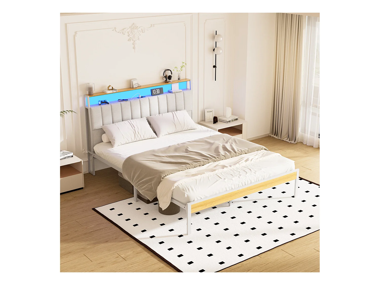 Cadre de lit 160 x 200 avec Base en métal, avec lumières LED et Prises Multiples (1 Prise AC, 2 Ports USB), lit Double en métal avec casiers, Moderne, Beige