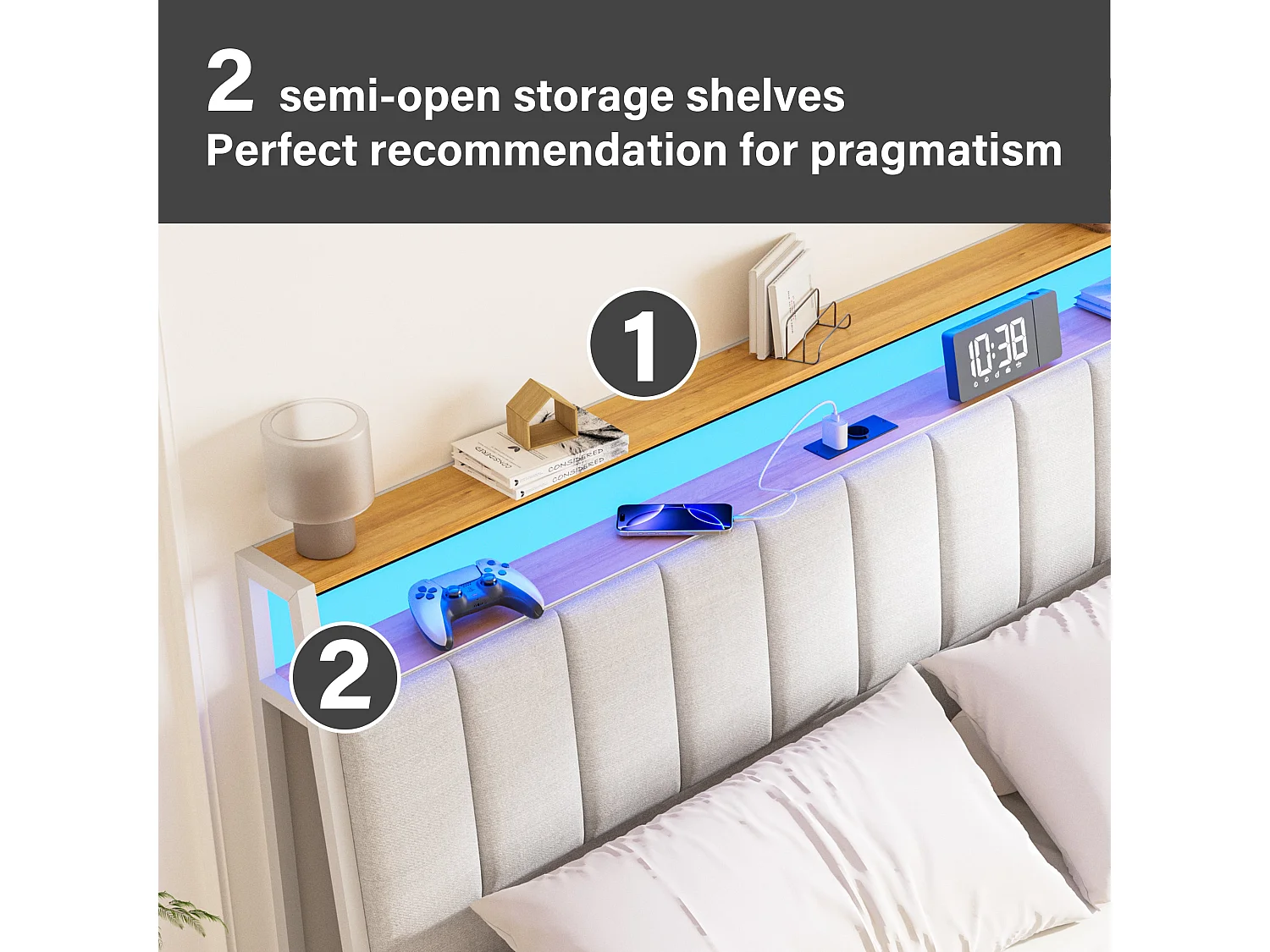 Cadre de lit 160 x 200 avec Base en métal, avec lumières LED et Prises Multiples (1 Prise AC, 2 Ports USB), lit Double en métal avec casiers, Moderne, Beige