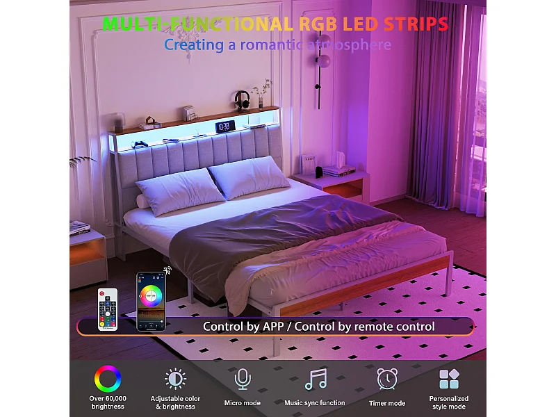 Cadre de lit 160 x 200 avec Base en métal, avec lumières LED et Prises Multiples (1 Prise AC, 2 Ports USB), lit Double en métal avec casiers, Moderne, Beige