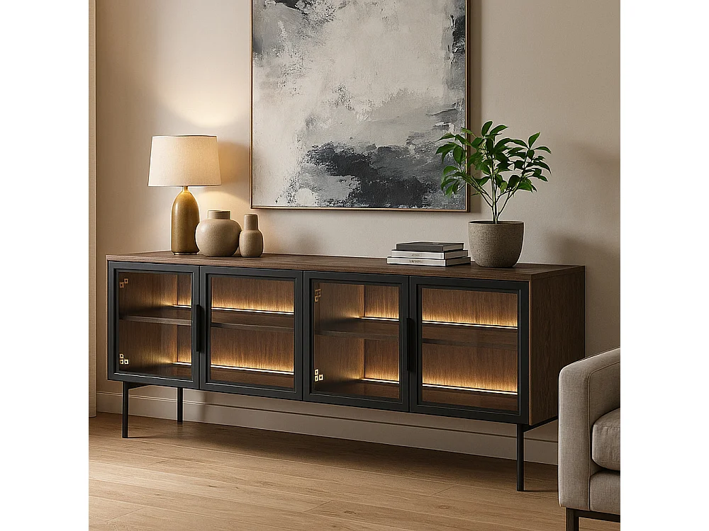 Porta tv con 4 ante in vetro temperato e luce LED quercia scuro PTVLK26