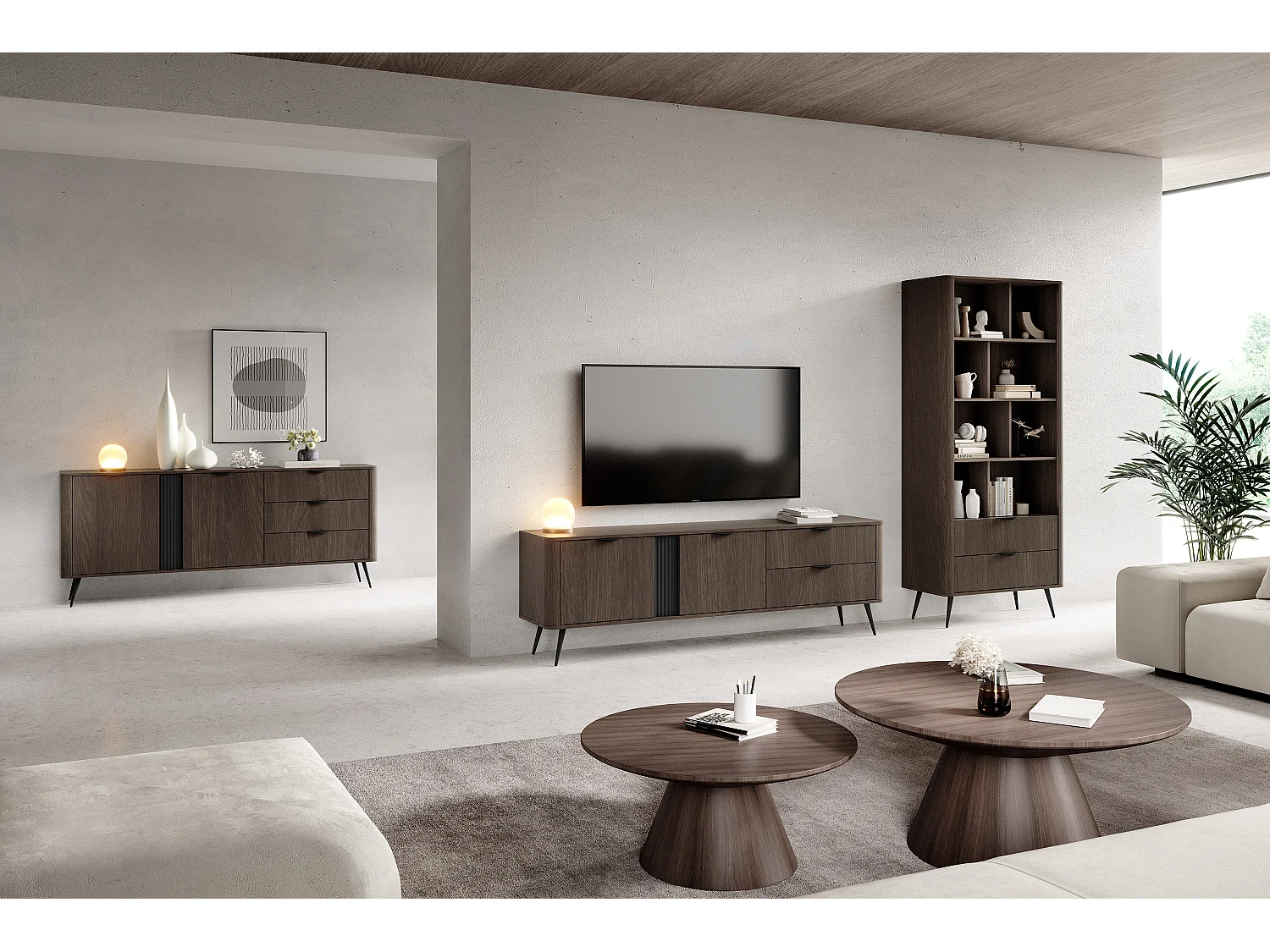 Mobile tv moderno 195x61 cm con 2 cassetti e 2 ante quercia scuro PTVLK33