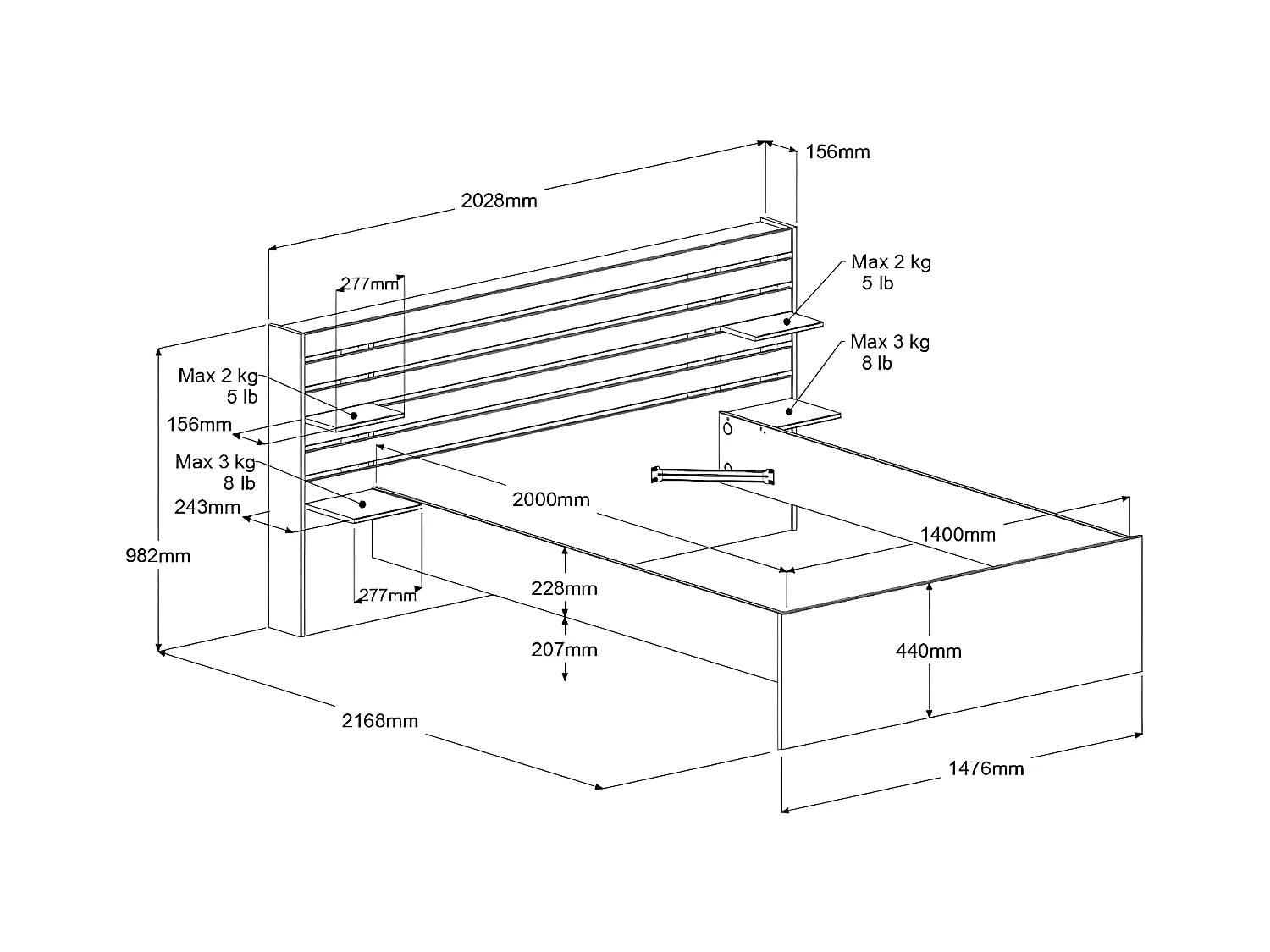 Cama 140 x 190/200 cm com 4 gavetas - Cor: Natural + Estrado + Colchão - TENALIA II