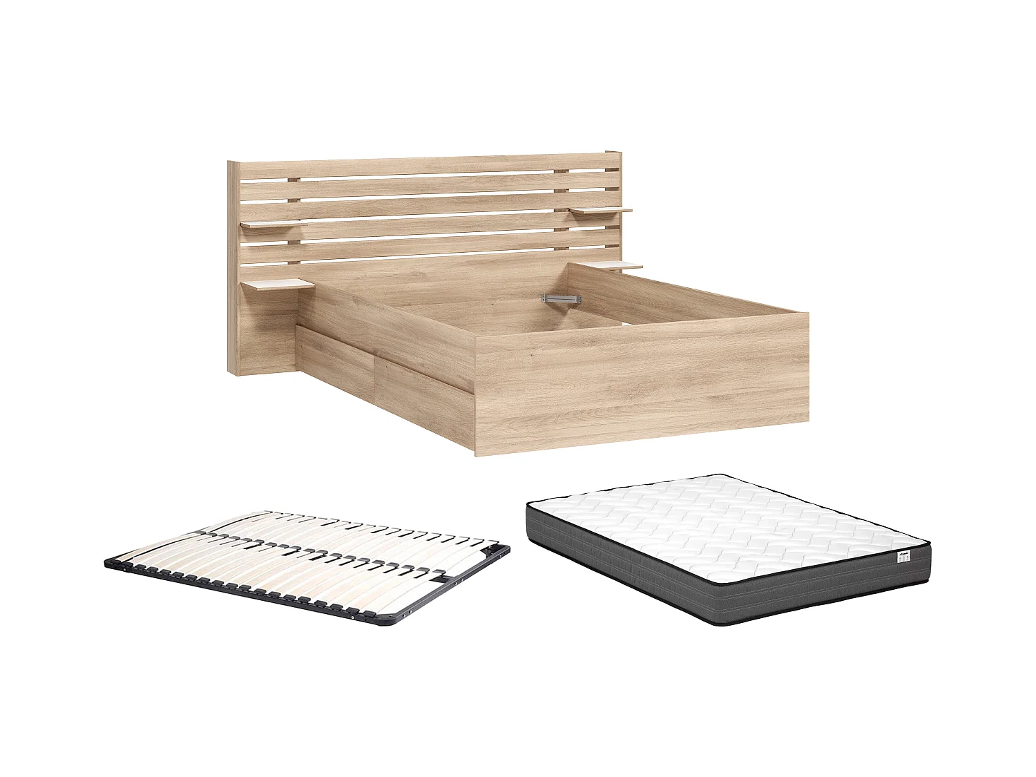 Bett mit Stauraum - 140 x 190/200 cm + Lattenrost + Matratze - Holzfarben - TENALIA II