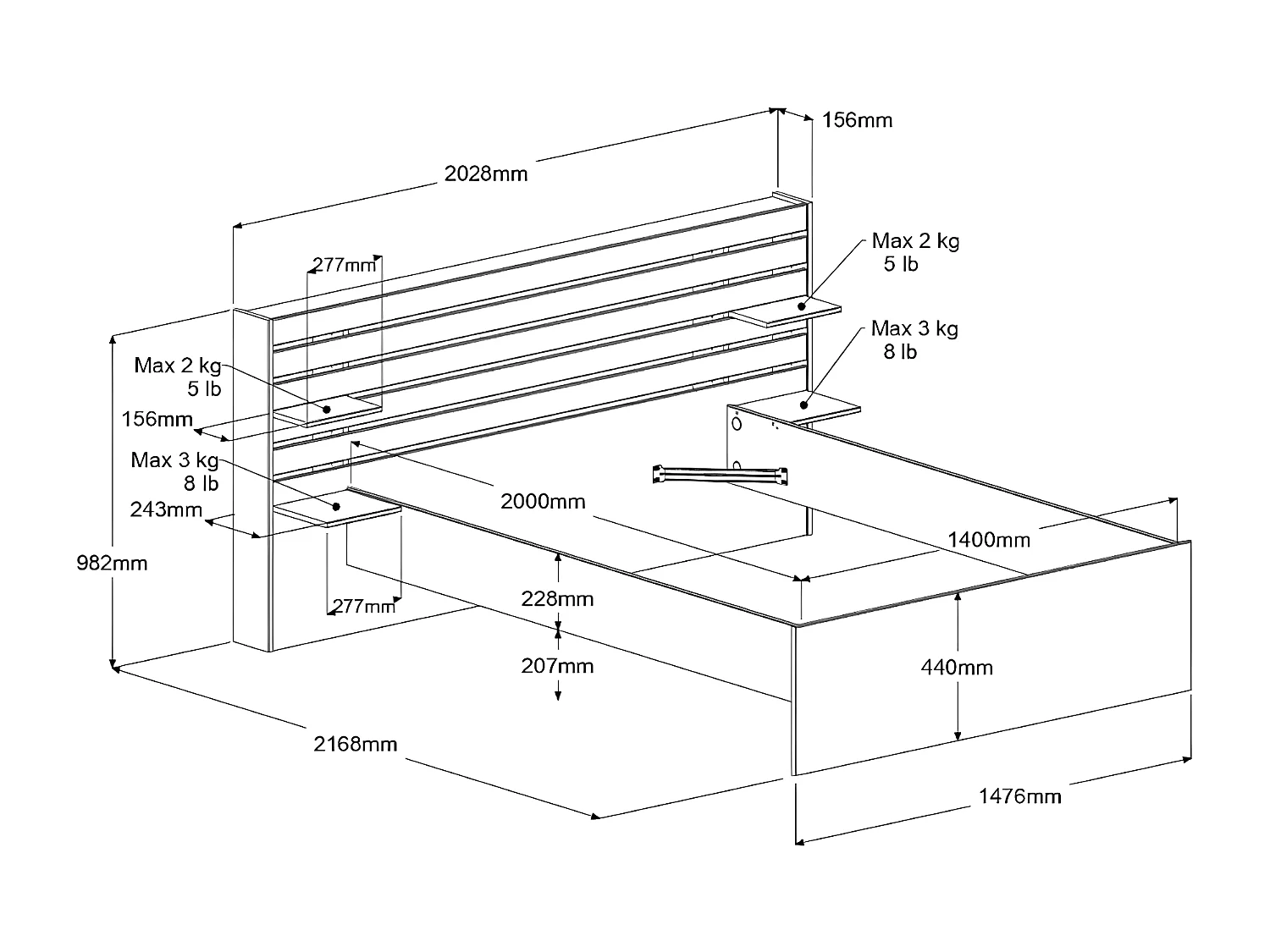 Letto 140 x 190/200 cm con 4 cassetti - Colore: Naturale + Rete + Materasso - TENALIA II