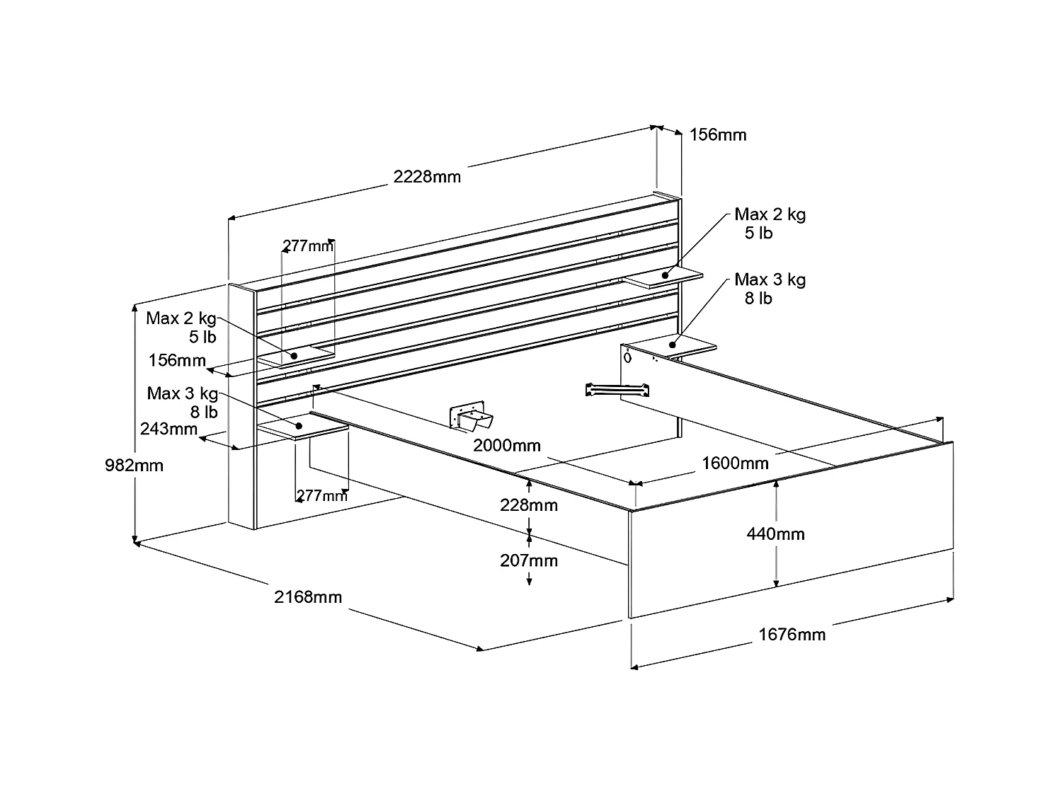 Cama 160 x 200 cm com 4 gavetas - Cor: Natural - TENALIA II