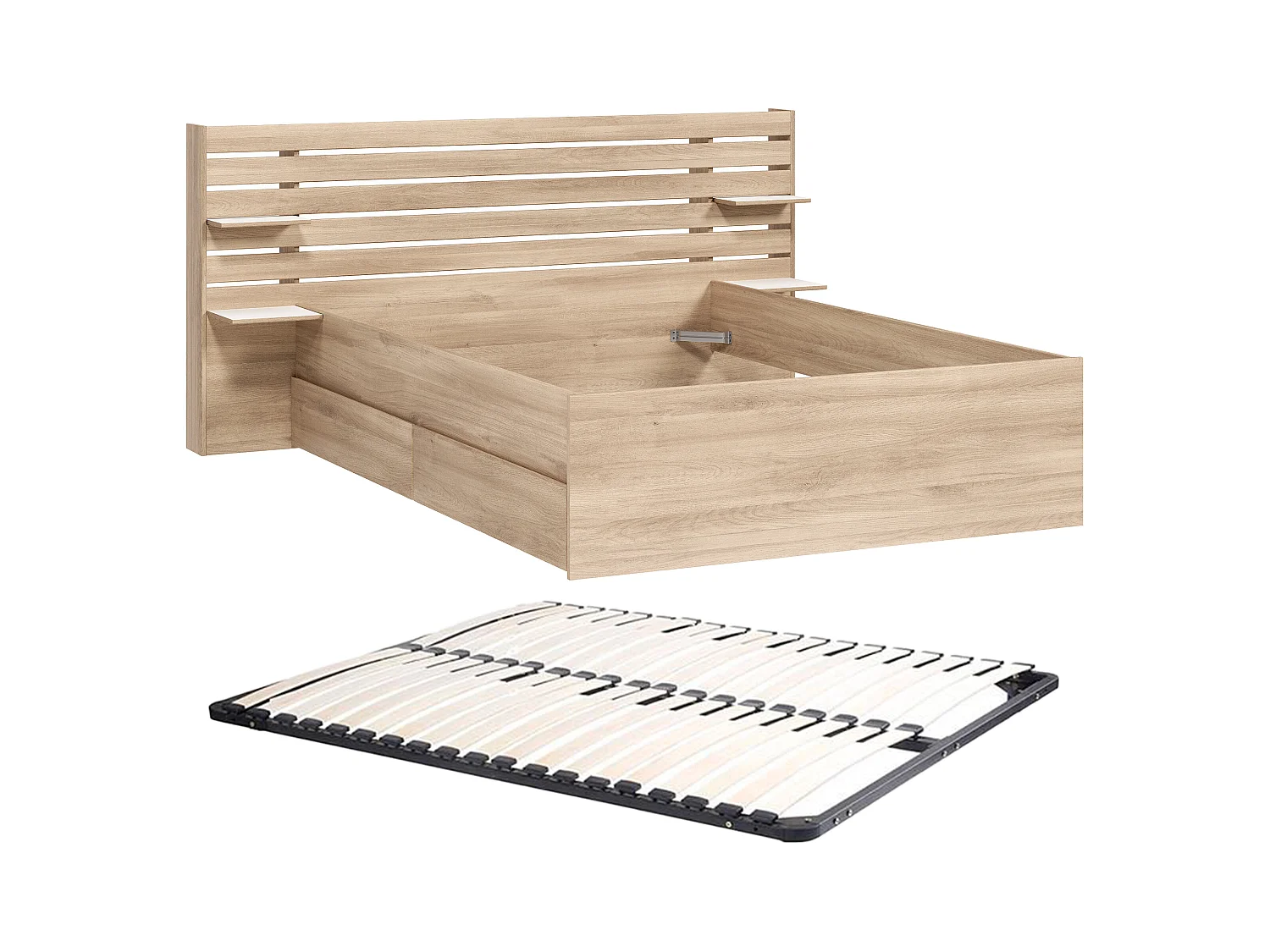 Cama 160 x 200 cm com 4 gavetas - Cor: Natural + Estrado - TENALIA II