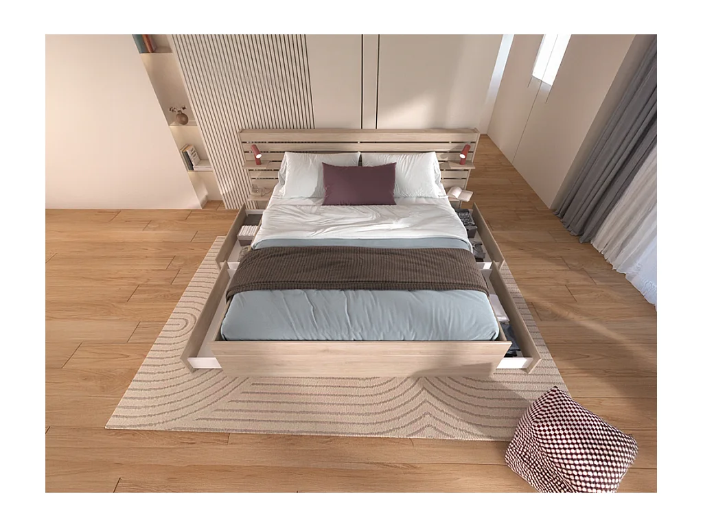 Cama 160 x 200 cm com 4 gavetas - Cor: Natural + Estrado + Colchão - TENALIA II