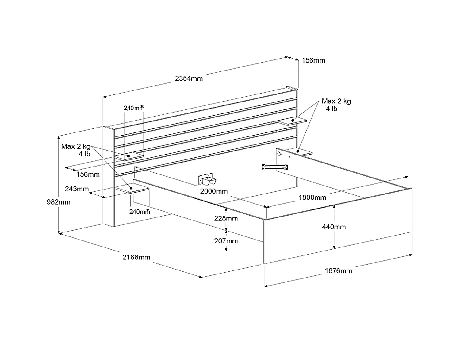 Cama 180 x 200 cm com 4 gavetas - Cor: Natural - TENALIA