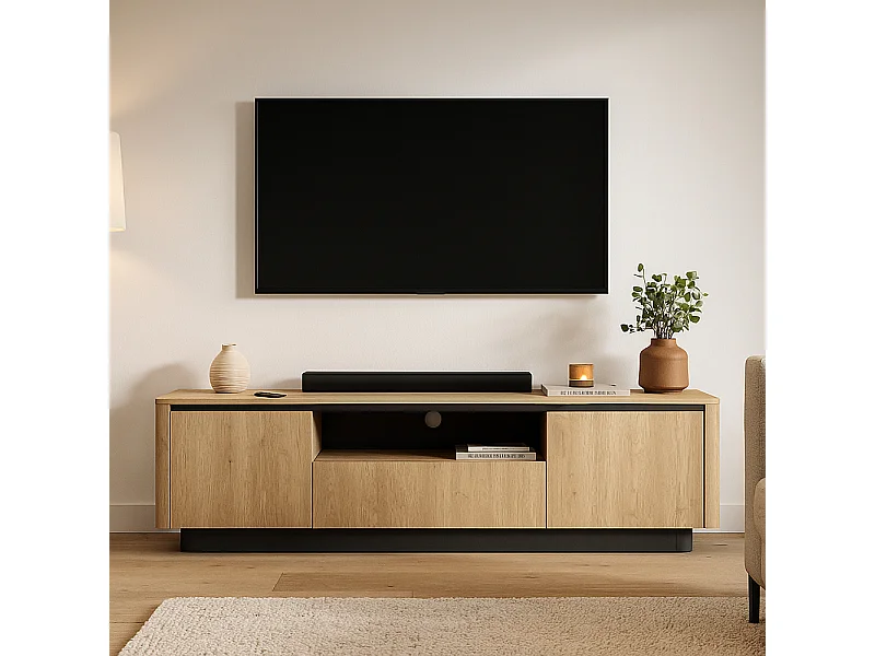 Mobiletto tv moderno 200x55 cm push to open in rovere e nero PTVLK31