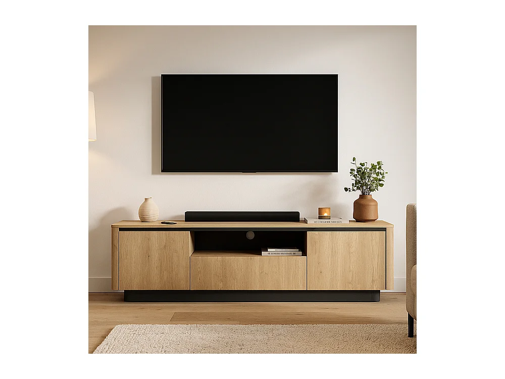 Mobiletto tv moderno 200x55 cm push to open in rovere e nero PTVLK31