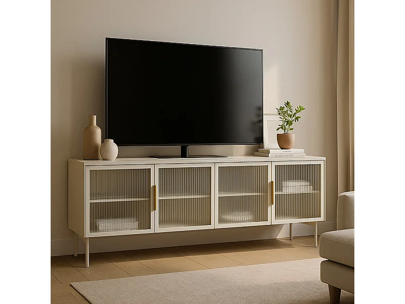Porta tv con 4 ante in vetro temperato e luce LED beige cashmere PTVLK26