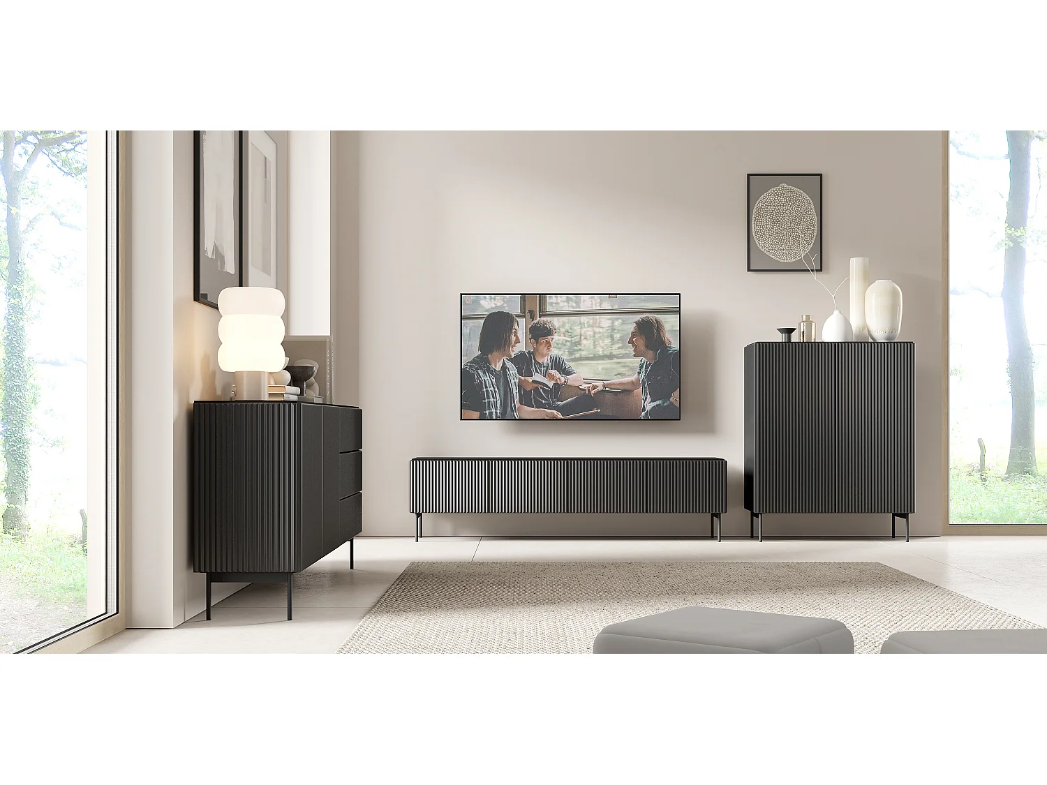 Mobile tv moderno con anta a ribalta e 4 vani interni nero PTVLK27