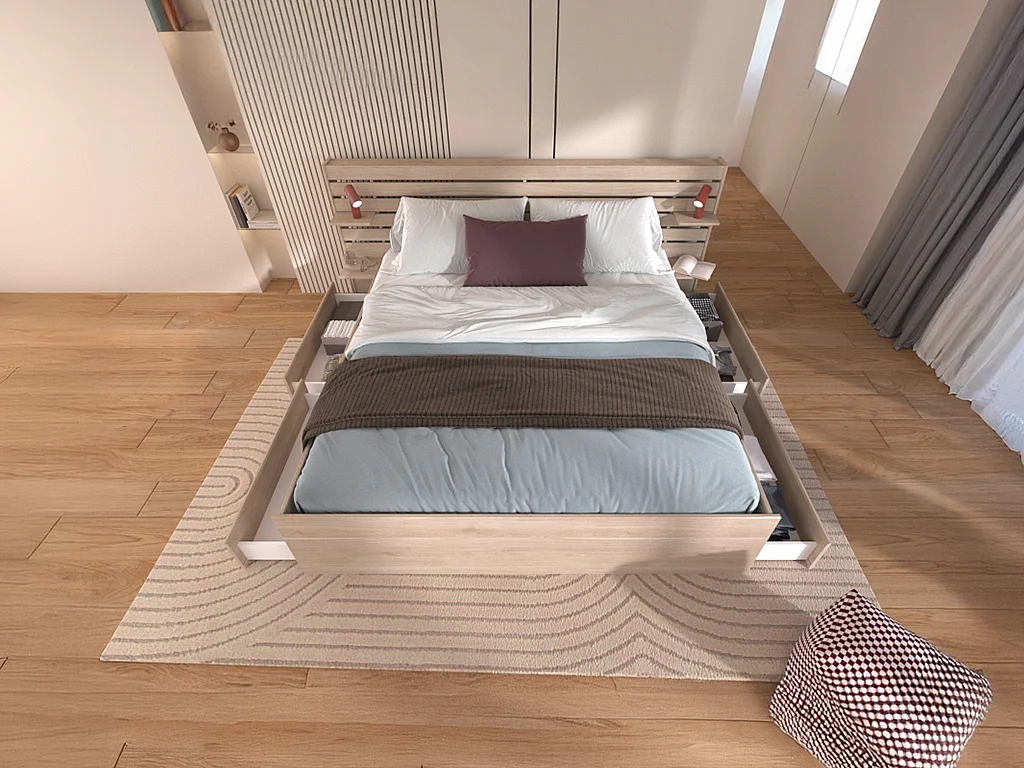 Lit 180 x 200 cm avec 4 tiroirs - Coloris : Naturel + Sommier - TENALIA