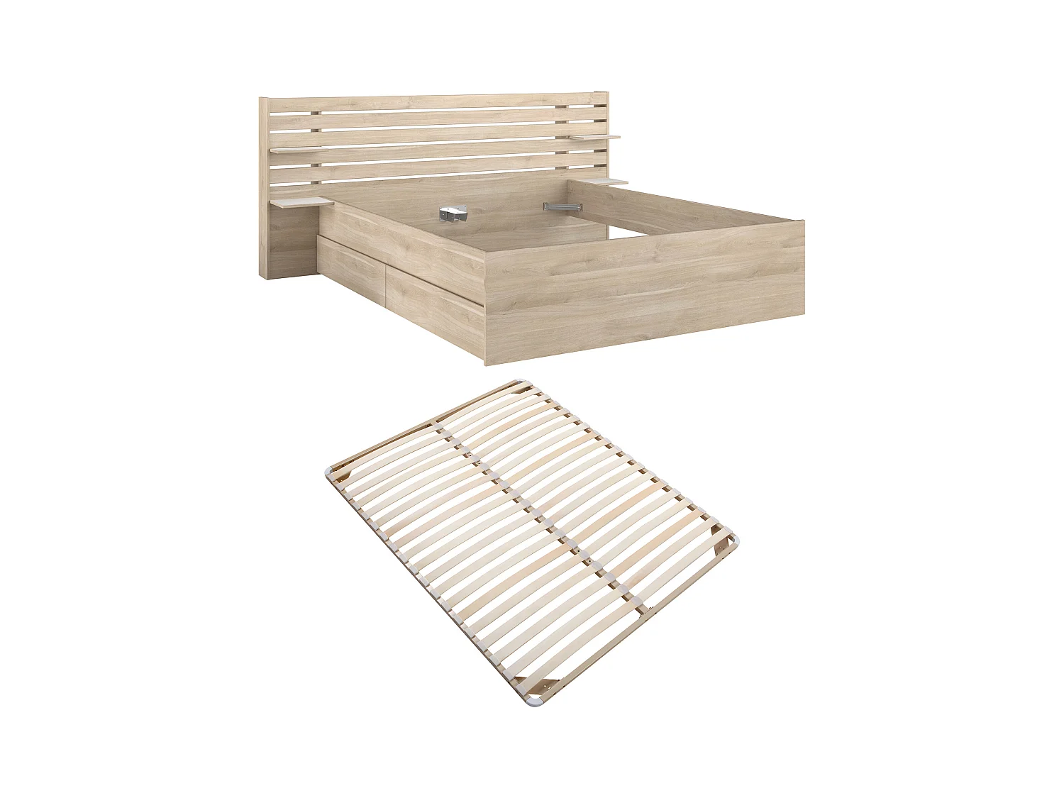 Cama 180 x 200 cm com 4 gavetas - Cor: Natural + Estrado - TENALIA