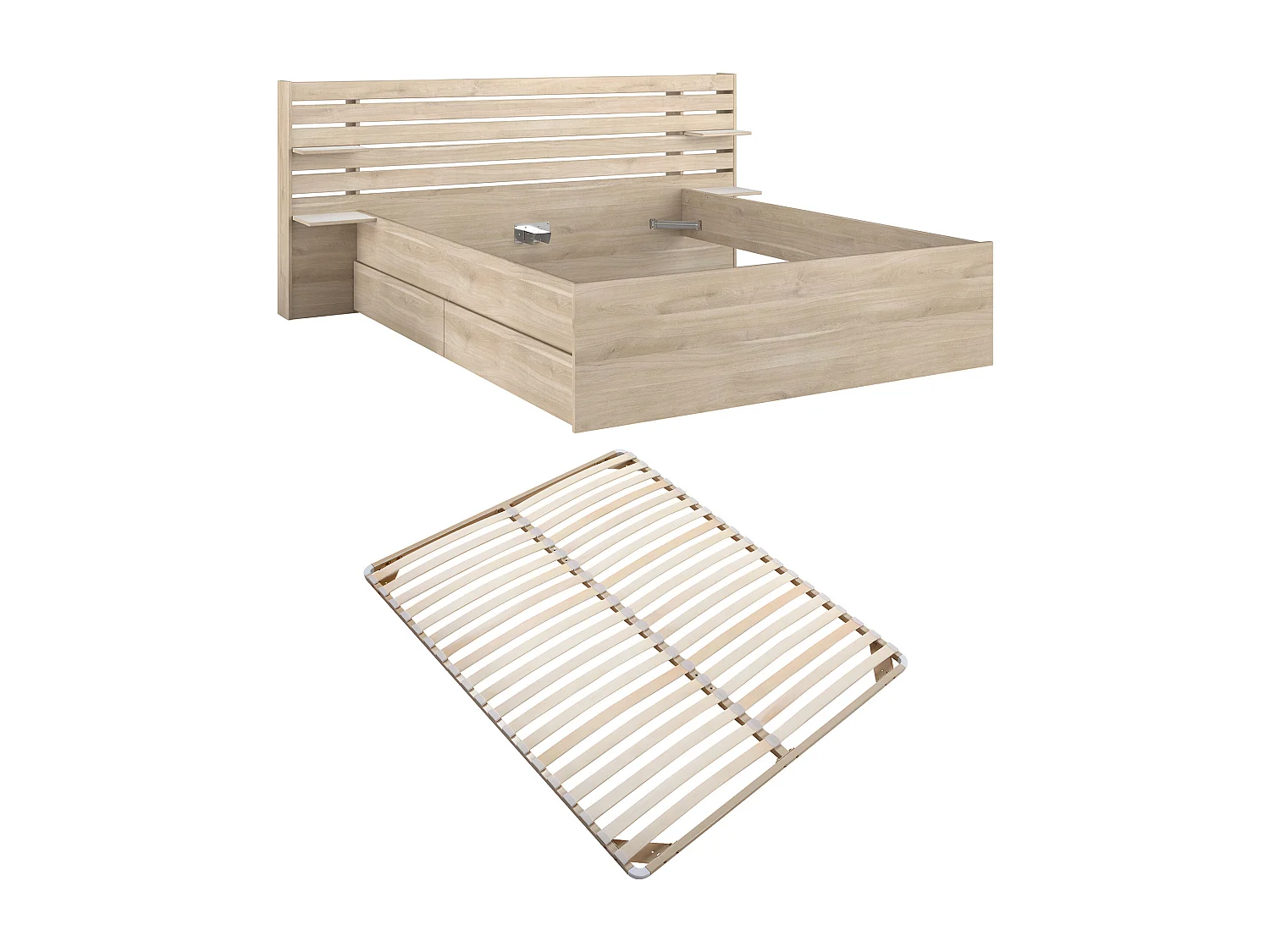 Lit 180 x 200 cm avec 4 tiroirs - Coloris : Naturel + Sommier - TENALIA