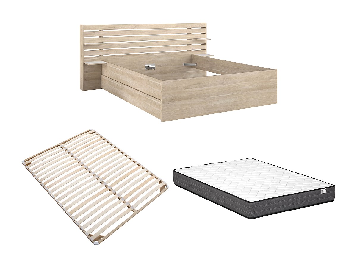 Bett mit Stauraum - 180 x 200 cm + Lattenrost + Matratze - Holzfarben - TEN günstig online kaufen