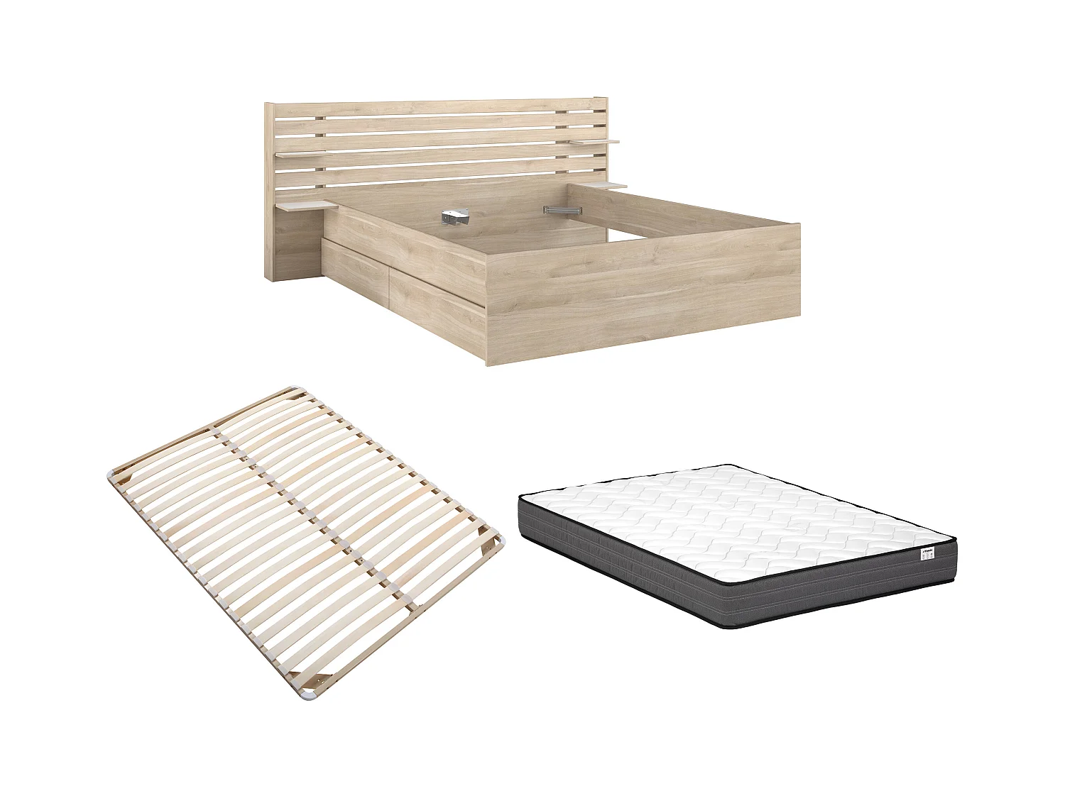 Cama 180 x 200 cm com 4 gavetas - Cor: Natural + Estrado + Colchão - TENALIA