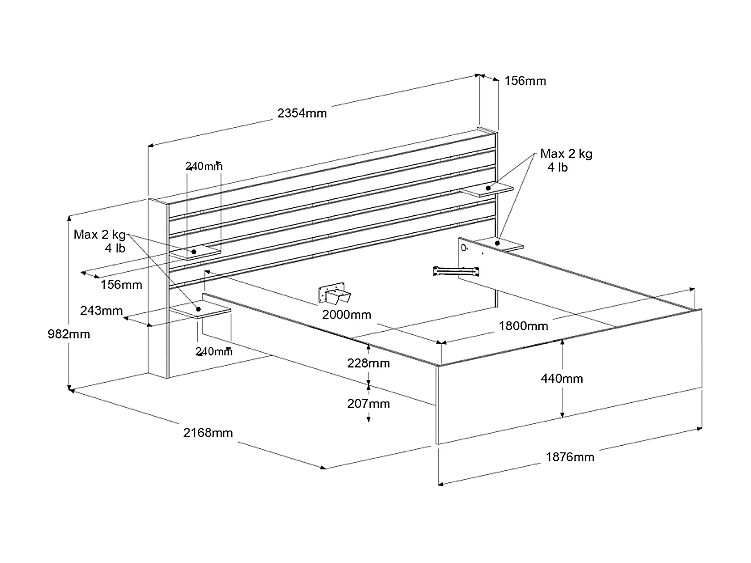 Letto 180 x 200 cm con 4 cassetti - Colore: Naturale + Rete + Materasso - TENALIA