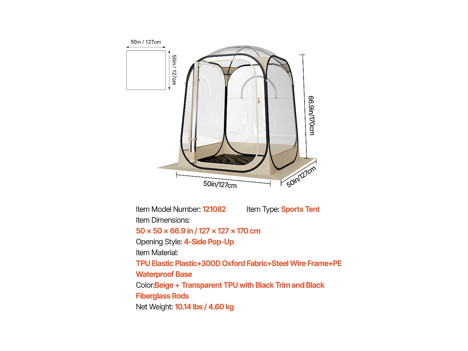 Tenda Sport SucceBuy Trasparente 127 x 127 cm Tenda a Bolle Pop Up per 1 Persona, Rifugio Esterno a Vista Libera, con Tappetino di Terra, Copertura Superiore