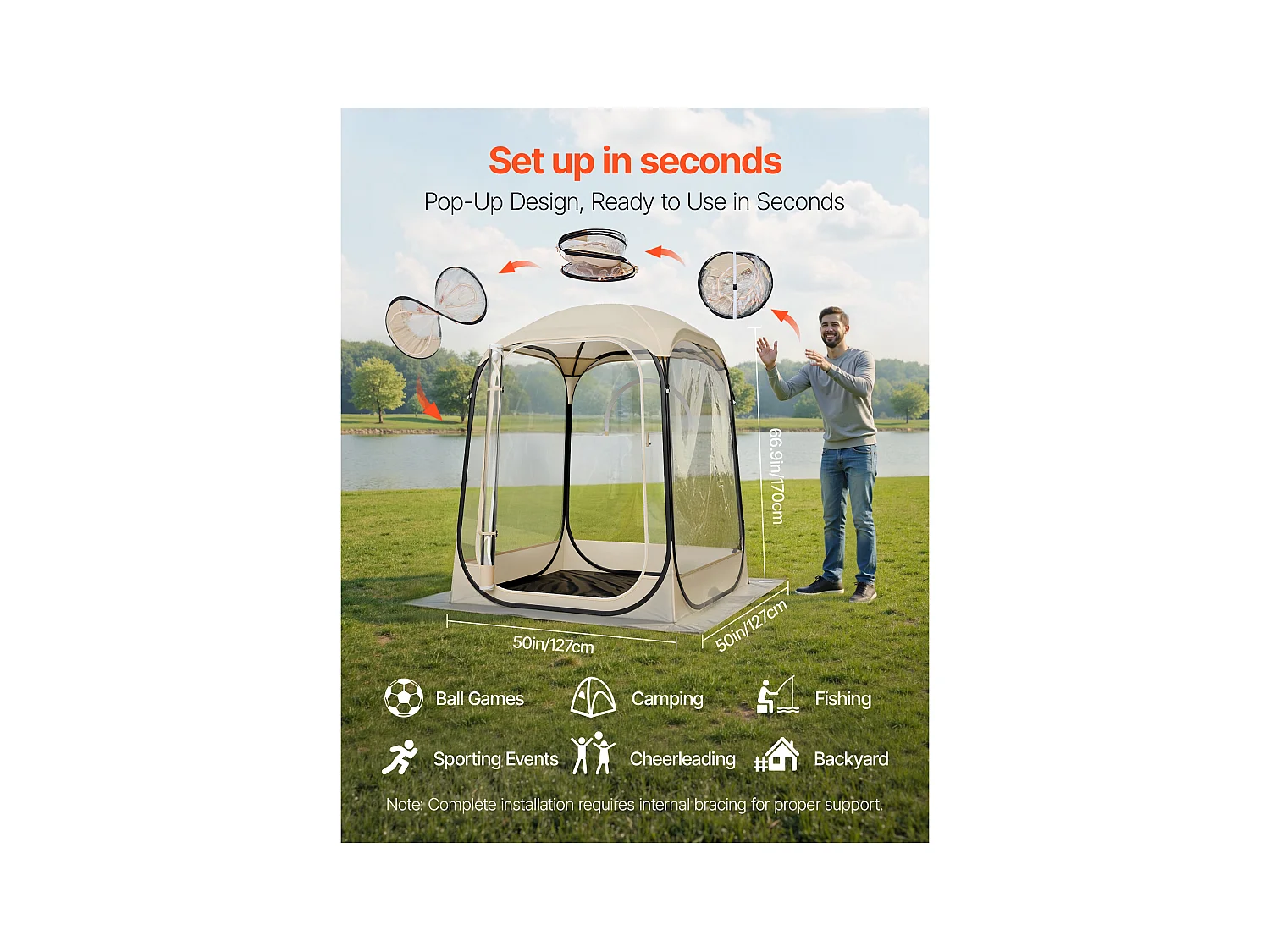 Tenda Sport SucceBuy Trasparente 127 x 127 cm Tenda a Bolle Pop Up per 1 Persona, Rifugio Esterno a Vista Libera, con Tappetino di Terra, Copertura Superiore