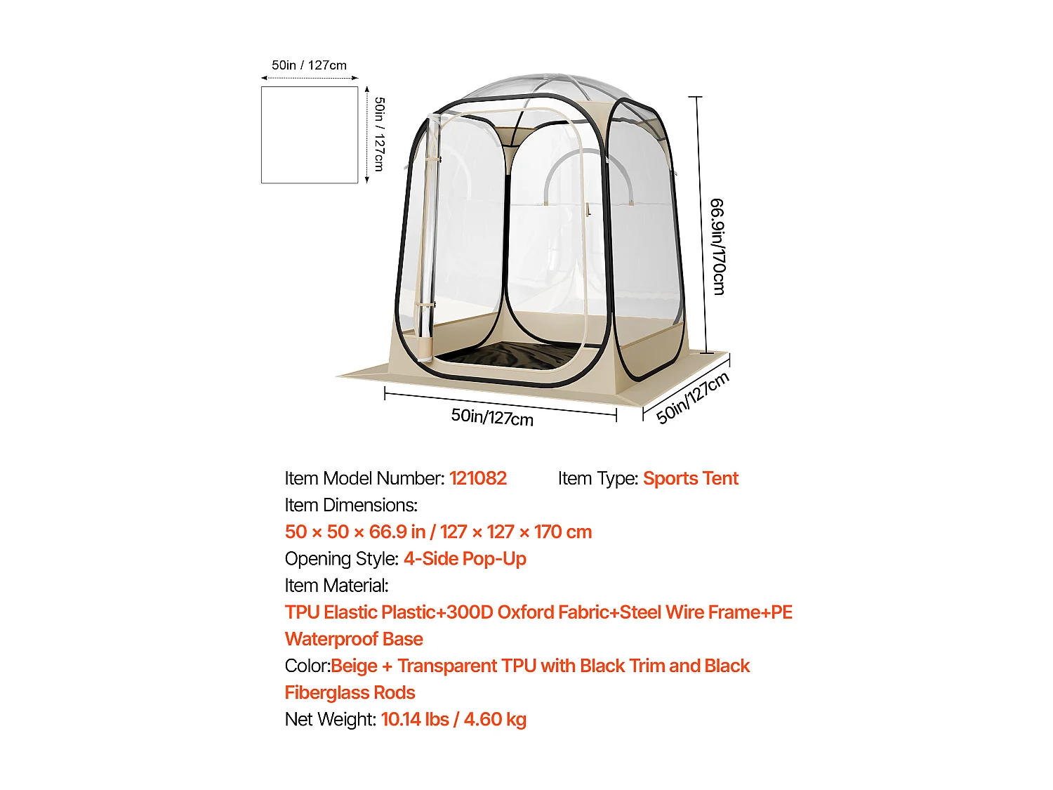 Tente de Sport SucceBuy Transparente 127 x 127 cm Tente à Bulle Pop Up pour 1 Personne, Abri d'Extérieur à Vue Dégagée, avec Tapis de Sol, Couverture Supérieure