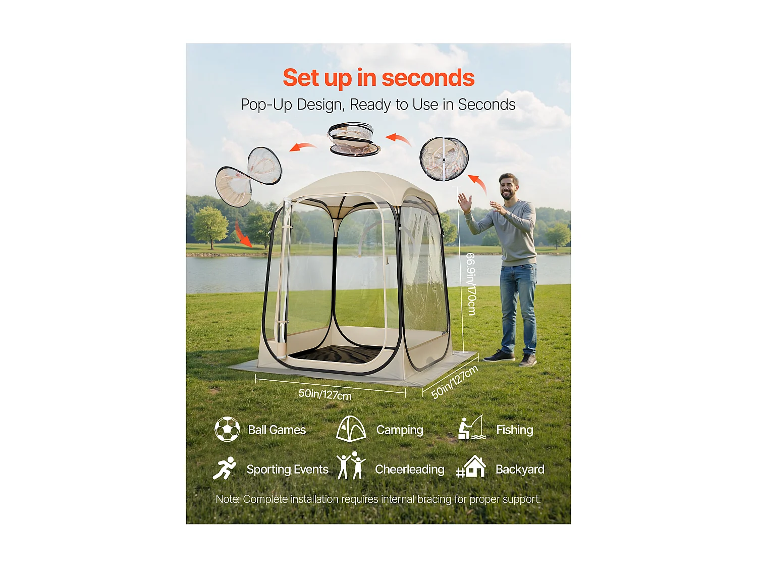 Tente de Sport SucceBuy Transparente 127 x 127 cm Tente à Bulle Pop Up pour 1 Personne, Abri d'Extérieur à Vue Dégagée, avec Tapis de Sol, Couverture Supérieure