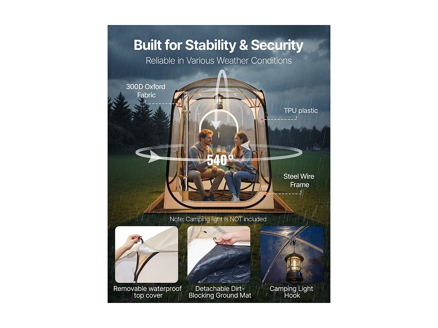 Tente de Sport SucceBuy Transparente 127 x 127 cm Tente à Bulle Pop Up pour 1 Personne, Abri d'Extérieur à Vue Dégagée, avec Tapis de Sol, Couverture Supérieure