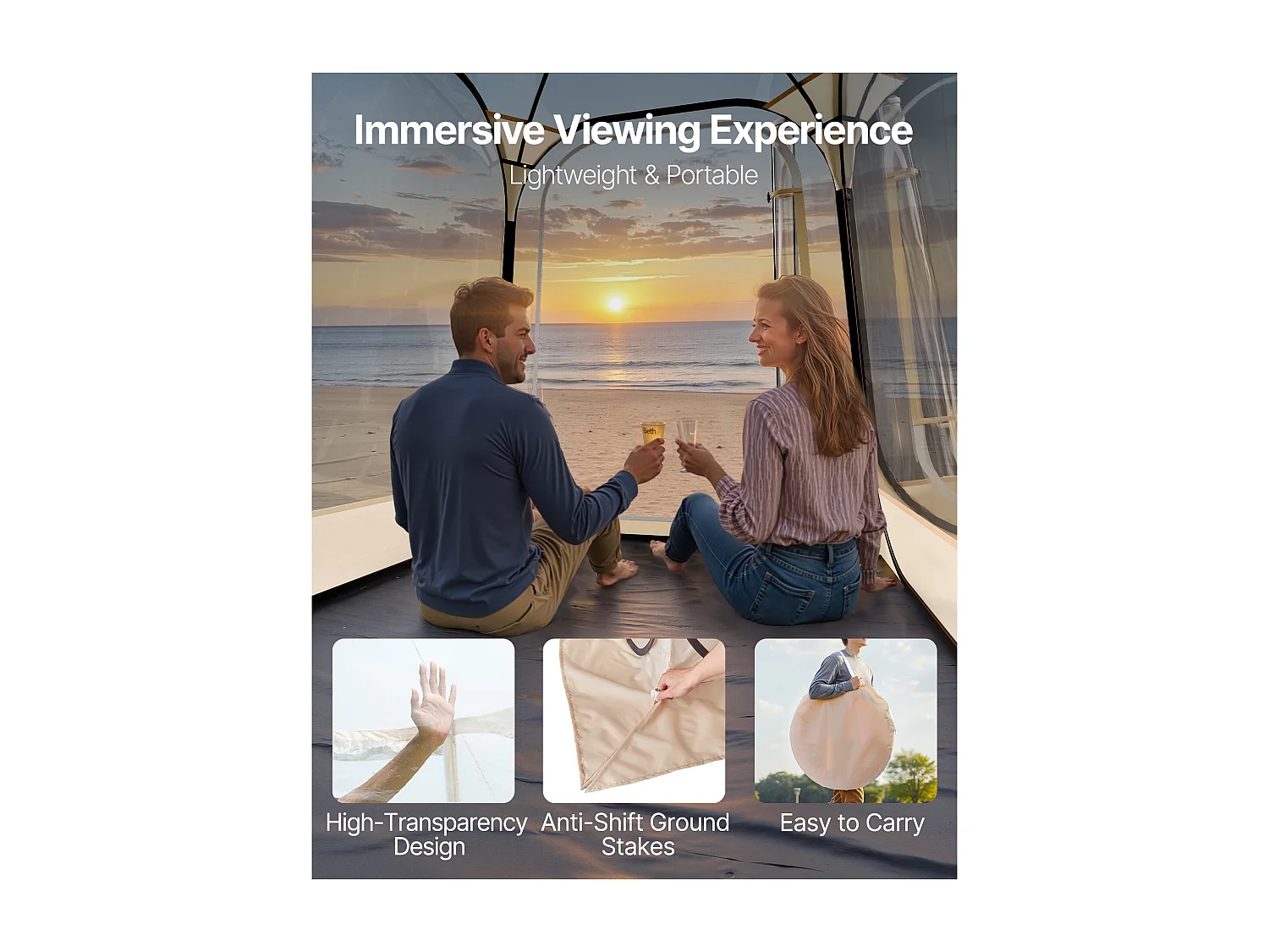 Tente de Sport SucceBuy Transparente 127 x 127 cm Tente à Bulle Pop Up pour 1 Personne, Abri d'Extérieur à Vue Dégagée, avec Tapis de Sol, Couverture Supérieure