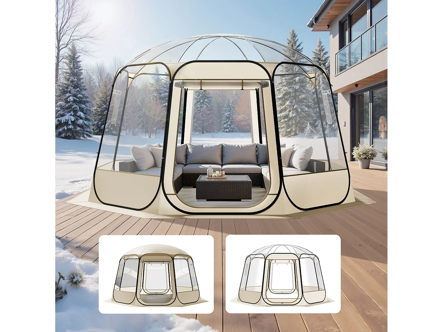 Tenda a Bolle Pop-up SucceBuy, 3,66 x 3,45 m, Tenda Igloo Cupola da Giardino per 10-12 Persone, Rifugio da Campeggio Esterno Trasparente con Finestre