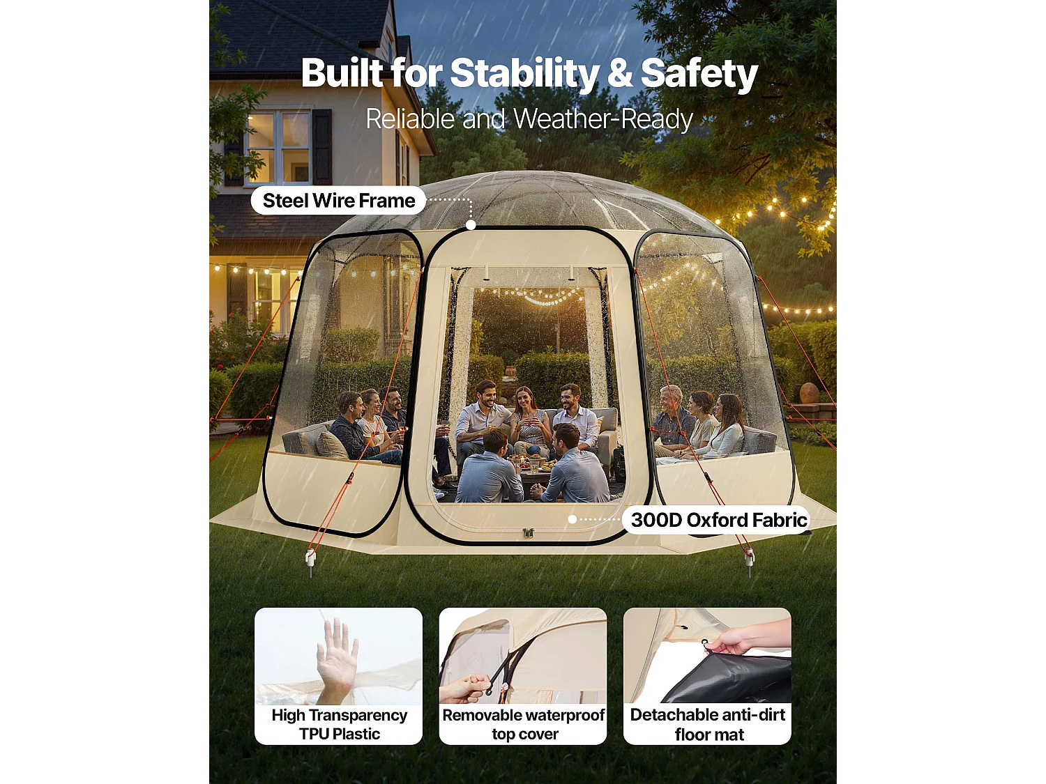 Tenda a Bolle Pop-up SucceBuy, 3,66 x 3,45 m, Tenda Igloo Cupola da Giardino per 10-12 Persone, Rifugio da Campeggio Esterno Trasparente con Finestre