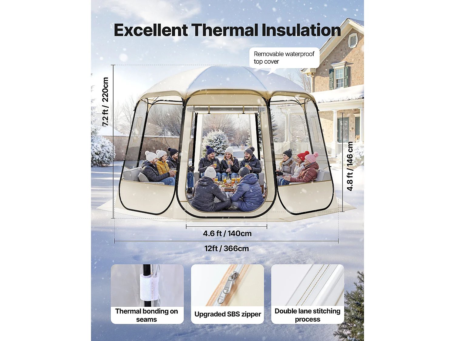 Tenda a Bolle Pop-up SucceBuy, 3,66 x 3,45 m, Tenda Igloo Cupola da Giardino per 10-12 Persone, Rifugio da Campeggio Esterno Trasparente con Finestre