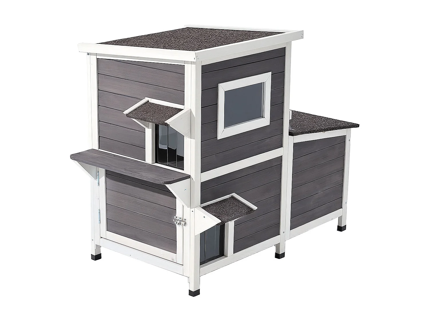 Maison Chat Surélevée SucceBuy, 107 x 63,3 x 86,3 cm, Niche Chat Extérieur 2 Étages, Abri en Bois avec Fenêtre Transparente, Porte à Rabat, Toit en Asphalte