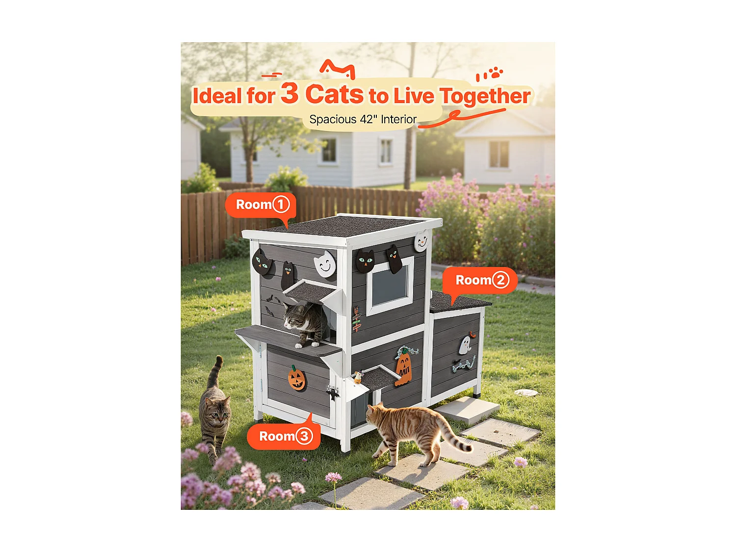 Maison Chat Surélevée SucceBuy, 107 x 63,3 x 86,3 cm, Niche Chat Extérieur 2 Étages, Abri en Bois avec Fenêtre Transparente, Porte à Rabat, Toit en Asphalte