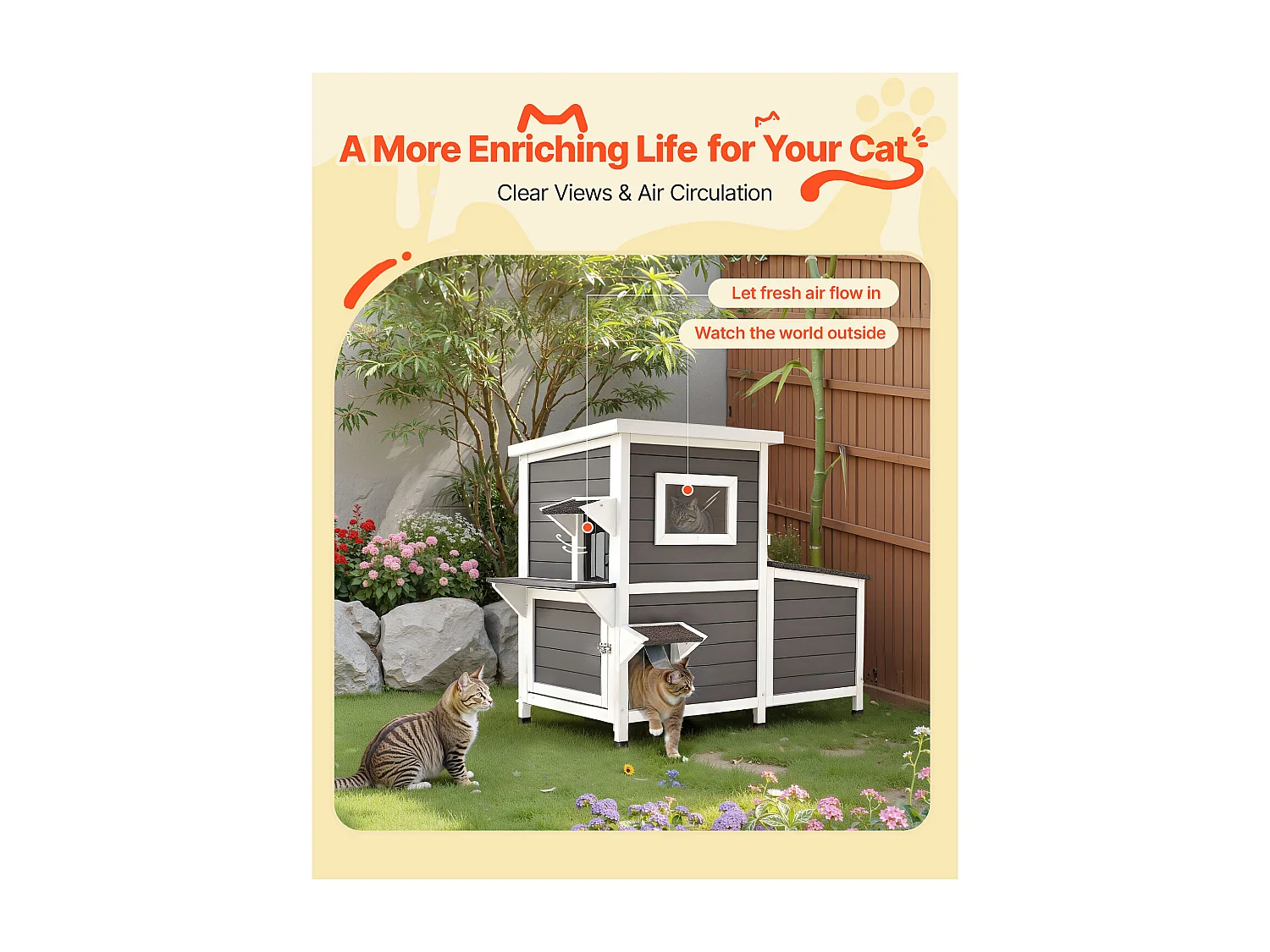 Maison Chat Surélevée SucceBuy, 107 x 63,3 x 86,3 cm, Niche Chat Extérieur 2 Étages, Abri en Bois avec Fenêtre Transparente, Porte à Rabat, Toit en Asphalte