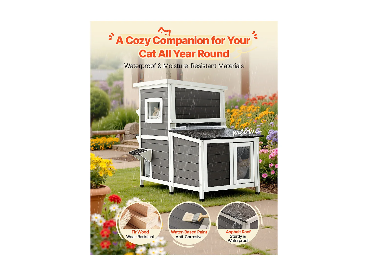 Maison Chat Surélevée SucceBuy, 107 x 63,3 x 86,3 cm, Niche Chat Extérieur 2 Étages, Abri en Bois avec Fenêtre Transparente, Porte à Rabat, Toit en Asphalte