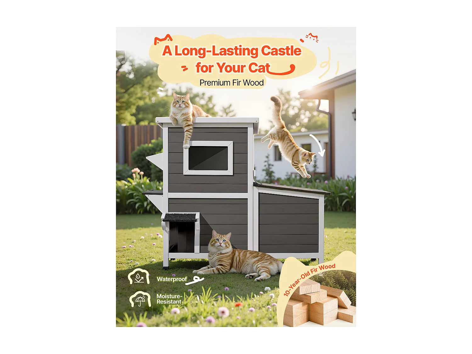 Maison Chat Surélevée SucceBuy, 107 x 63,3 x 86,3 cm, Niche Chat Extérieur 2 Étages, Abri en Bois avec Fenêtre Transparente, Porte à Rabat, Toit en Asphalte