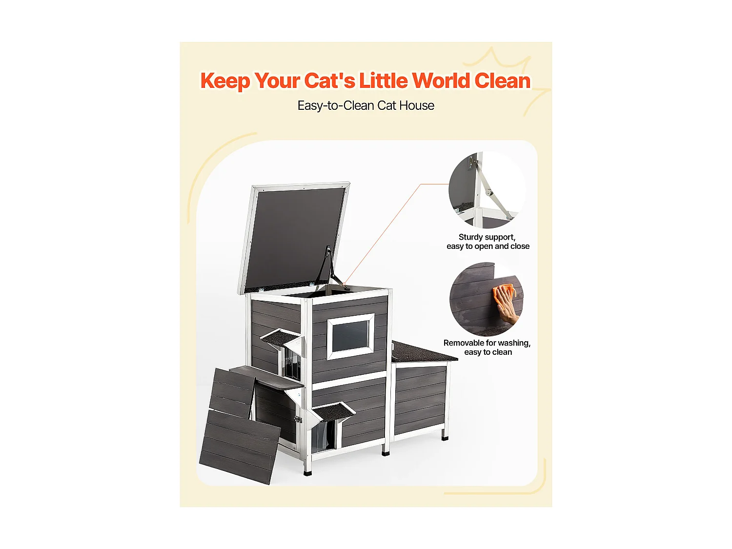 Maison Chat Surélevée SucceBuy, 107 x 63,3 x 86,3 cm, Niche Chat Extérieur 2 Étages, Abri en Bois avec Fenêtre Transparente, Porte à Rabat, Toit en Asphalte