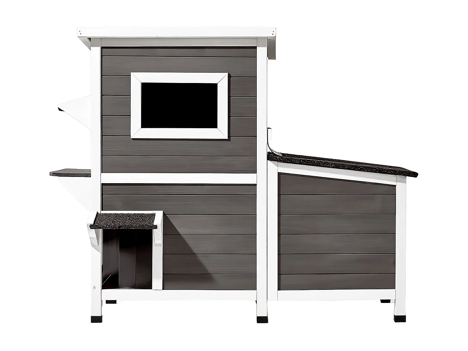 Maison Chat Surélevée SucceBuy, 107 x 63,3 x 86,3 cm, Niche Chat Extérieur 2 Étages, Abri en Bois avec Fenêtre Transparente, Porte à Rabat, Toit en Asphalte