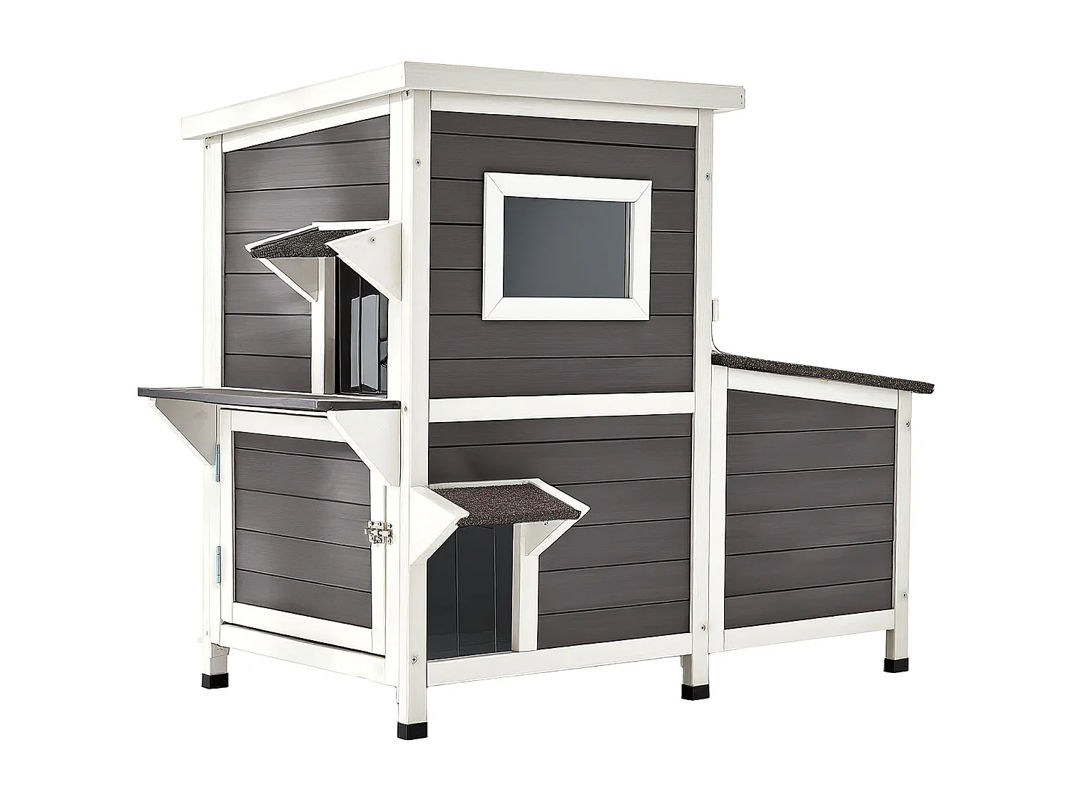 Maison Chat Surélevée SucceBuy, 107 x 63,3 x 86,3 cm, Niche Chat Extérieur 2 Étages, Abri en Bois avec Fenêtre Transparente, Porte à Rabat, Toit en Asphalte