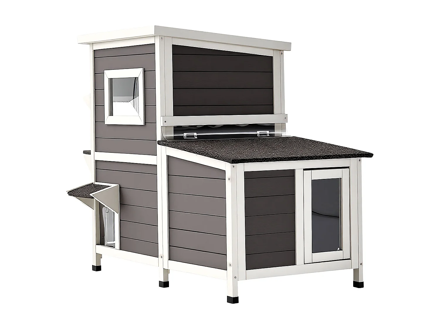 Maison Chat Surélevée SucceBuy, 107 x 63,3 x 86,3 cm, Niche Chat Extérieur 2 Étages, Abri en Bois avec Fenêtre Transparente, Porte à Rabat, Toit en Asphalte