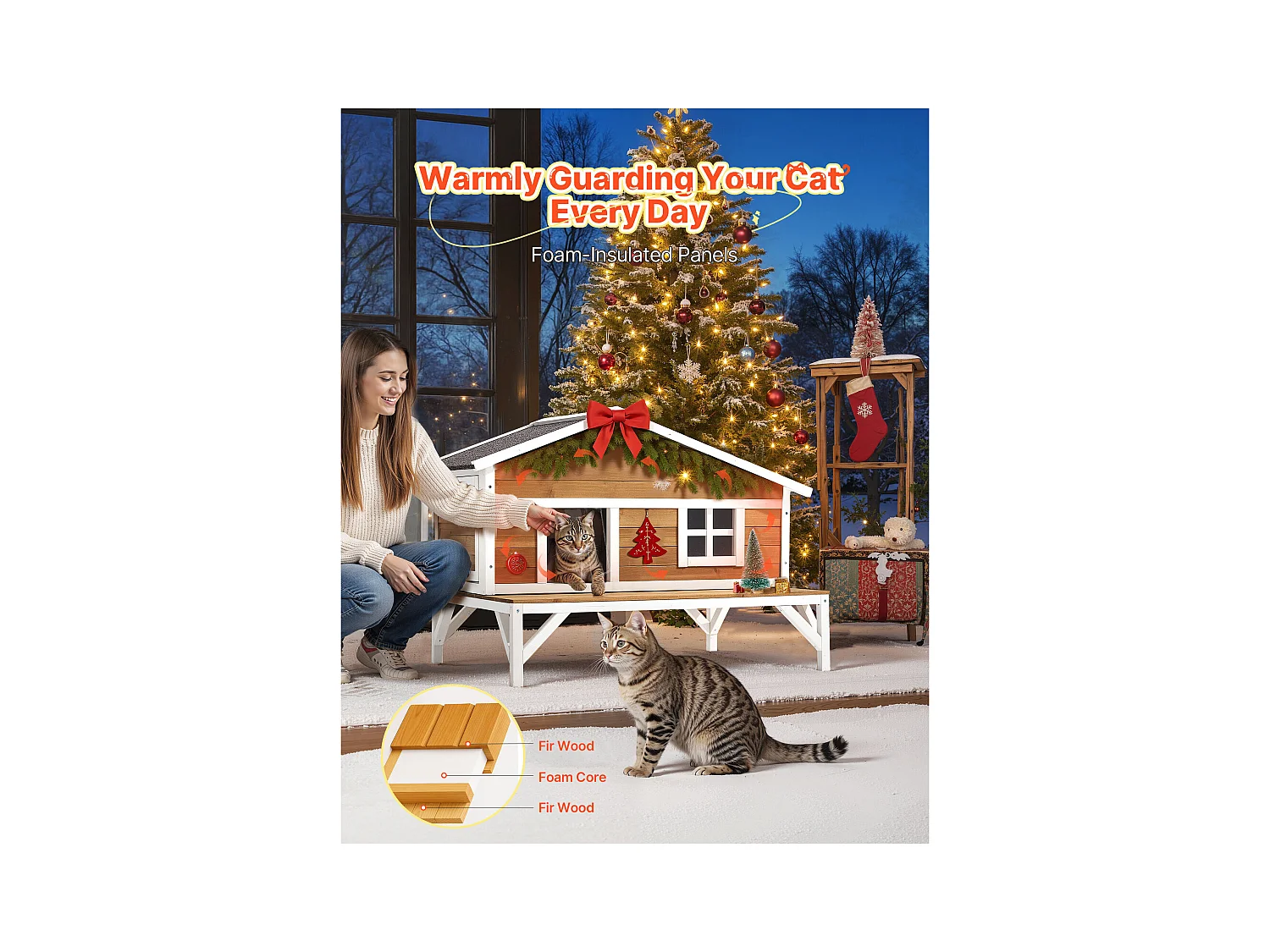 Erhöhtes Katzenhaus SucceBuy, 110,5x85,3x78,7 cm, Außen-Katzenhaus Isolierung aus Schaumstoff, Holzunterstand mit Großer Plattform, Asphaltdach