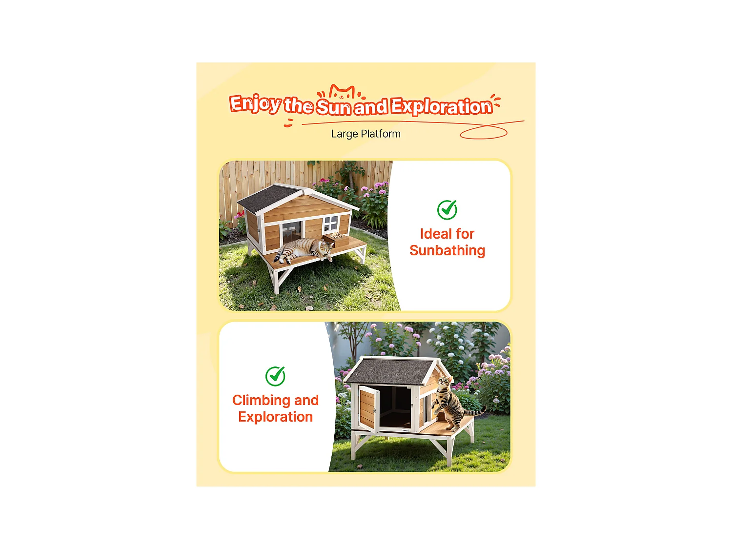 Erhöhtes Katzenhaus SucceBuy, 110,5x85,3x78,7 cm, Außen-Katzenhaus Isolierung aus Schaumstoff, Holzunterstand mit Großer Plattform, Asphaltdach