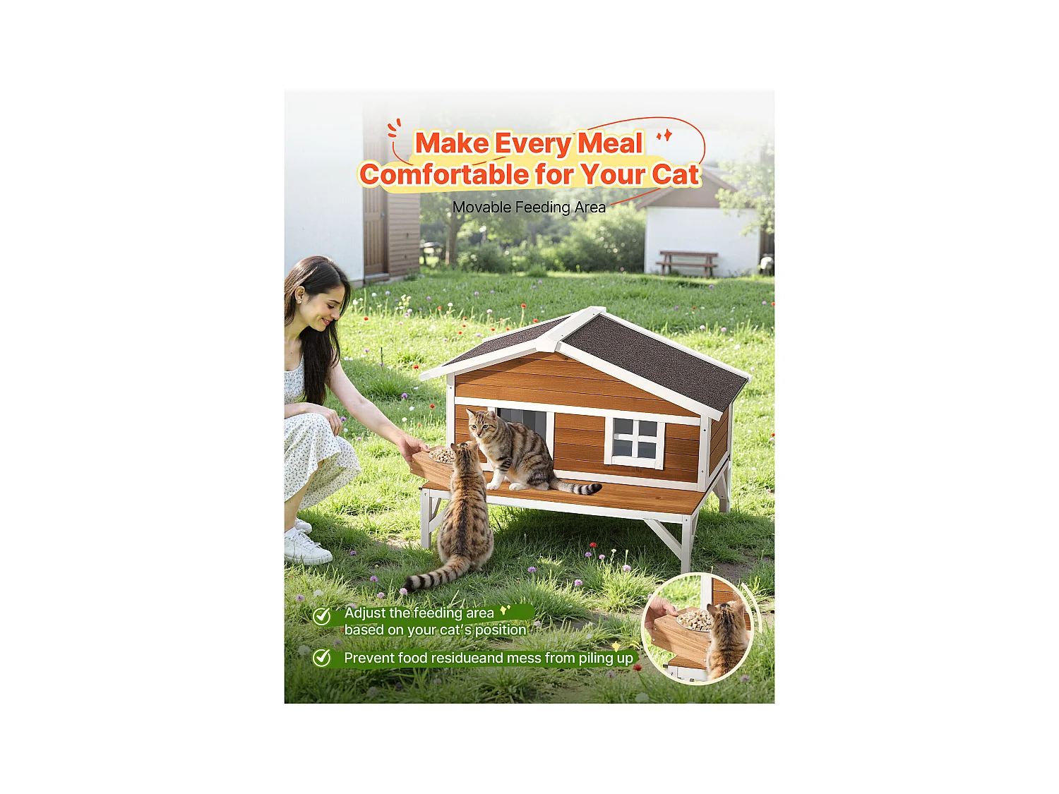 Erhöhtes Katzenhaus SucceBuy, 110,5x85,3x78,7 cm, Außen-Katzenhaus Isolierung aus Schaumstoff, Holzunterstand mit Großer Plattform, Asphaltdach