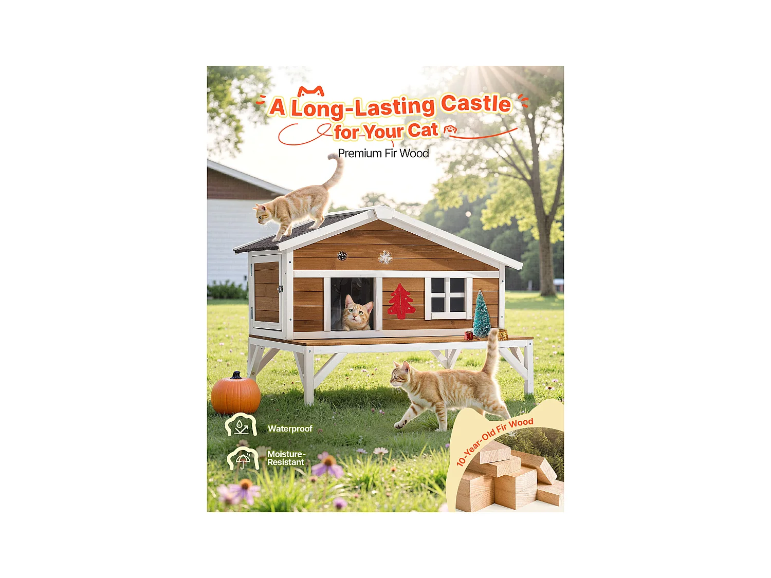 Erhöhtes Katzenhaus SucceBuy, 110,5x85,3x78,7 cm, Außen-Katzenhaus Isolierung aus Schaumstoff, Holzunterstand mit Großer Plattform, Asphaltdach